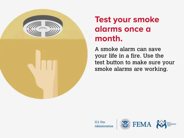A safety reminder infographic encouraging individuals to regularly test their smoke alarms, showing a graphic of a hand pressing the test button on a smoke detector.