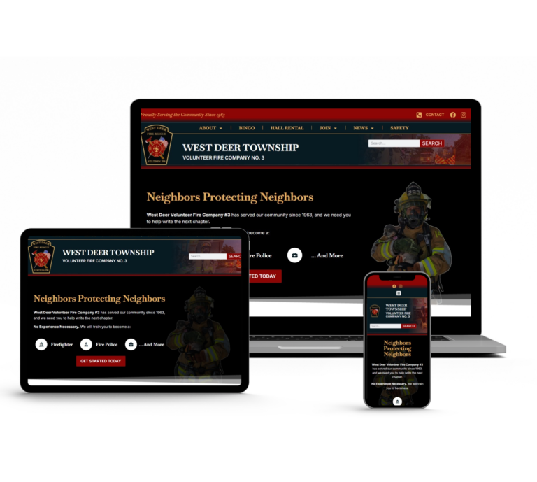 A laptop, tablet, and smartphone displaying the West Deer Township Volunteer Fire Company No. 3 website.